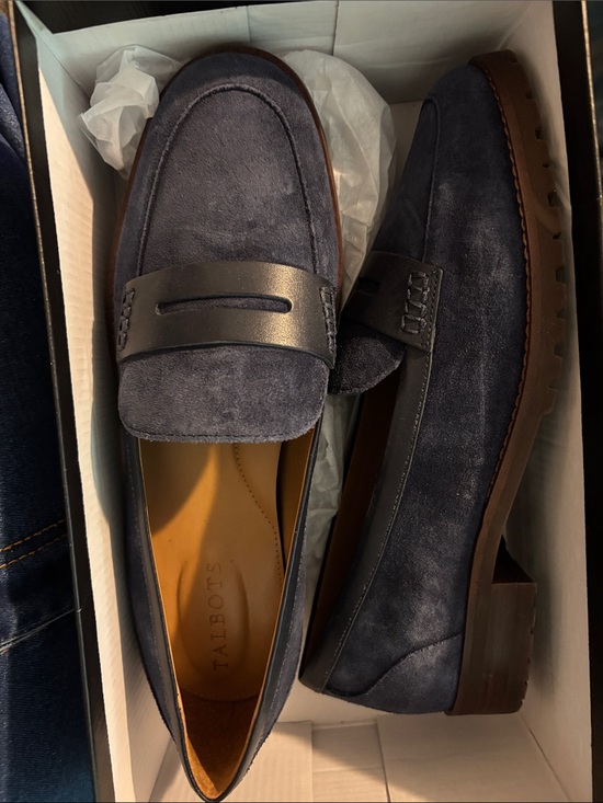 Talbots Shoes - Talbots Cassidy Navy Suede Penny Loafers with Brown Sole Trim